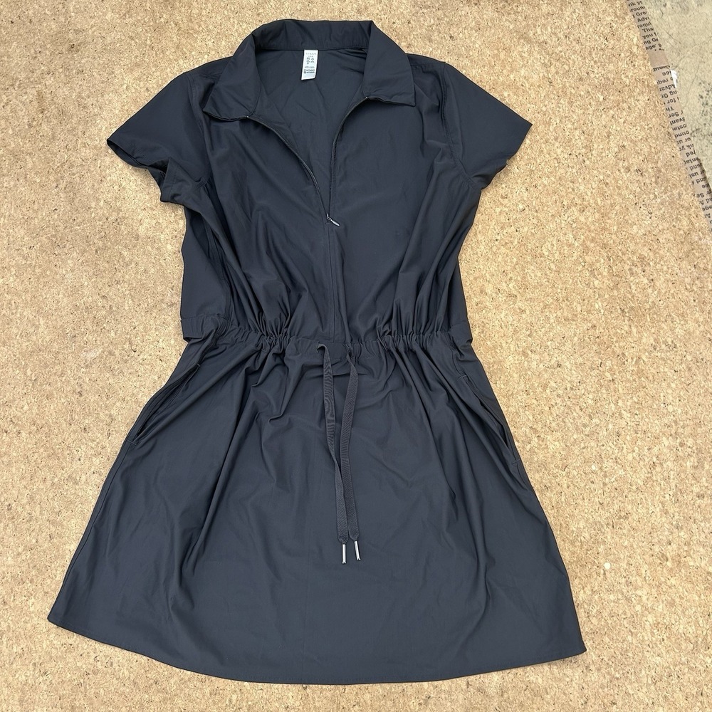 Spanx Sunshine Collared Drawstring Waist Dress Black Carry On SS 1/4 Zip L